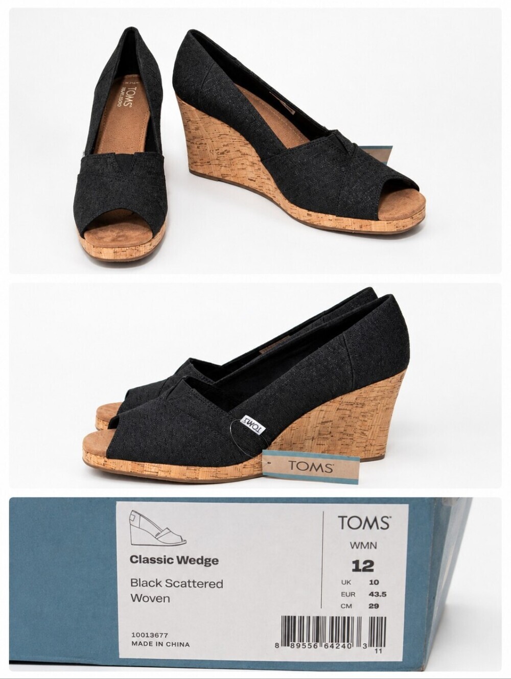 TOMS Classic Wedge Sandals Black Scattered Woven Cork Platform Peep Toe Size 12
